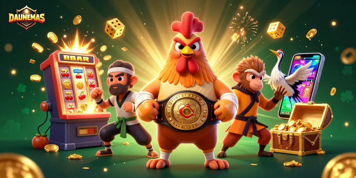 DAUNEMAS brings excitement with a dynamic scene of a Muay Thai rooster, Shaolin monkey, and crane master amidst casino-themed elements.