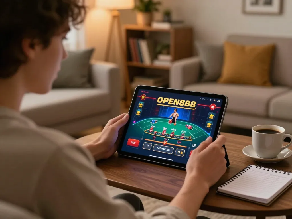 Engaging in online casino gaming with open888 interface on tablet, showcasing a live dealer blackjack game