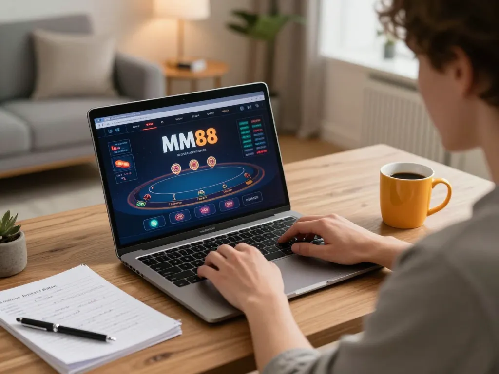 Engaging with MM88 poker online in a cozy home gaming setup.