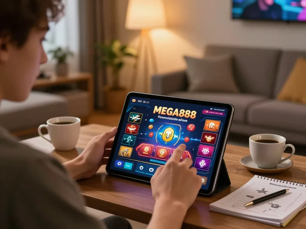Player enjoying MEGA888 gaming experience on tablet at home, capturing relaxed yet engaging atmosphere.