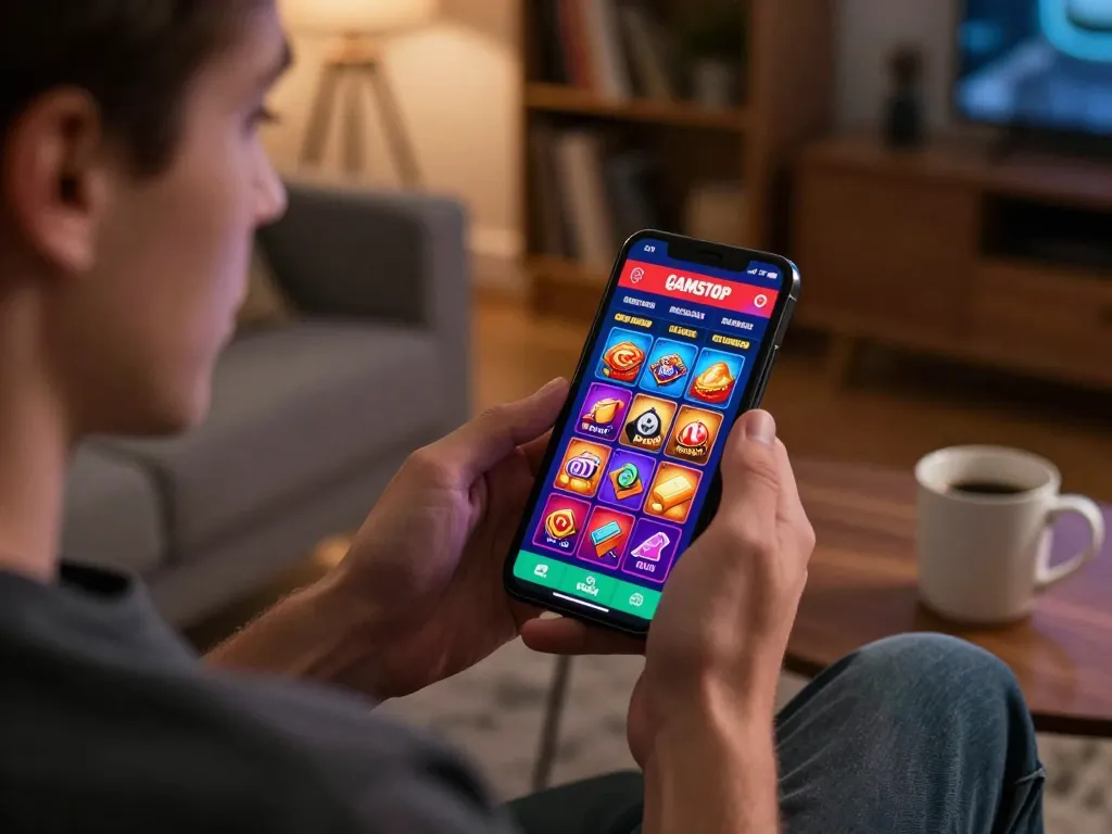 A player engaging with a mobile device at a non gamstop casino, showcasing a lively gaming app.