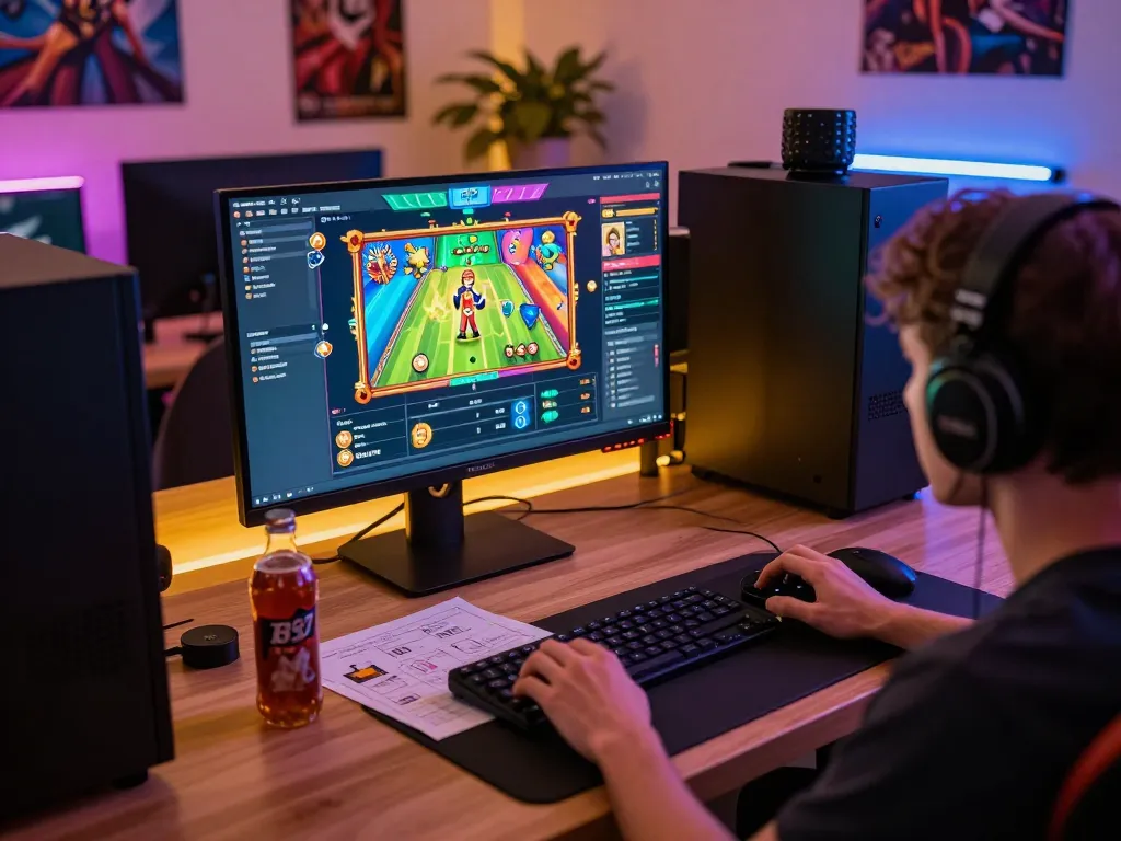 B52 CLUB player engaging with online gaming setup showcasing colorful graphics and strategy notes
