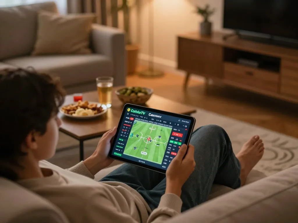 CakhiaTV user engaged in live sports betting at home, enjoying seamless streaming and comfortable atmosphere.
