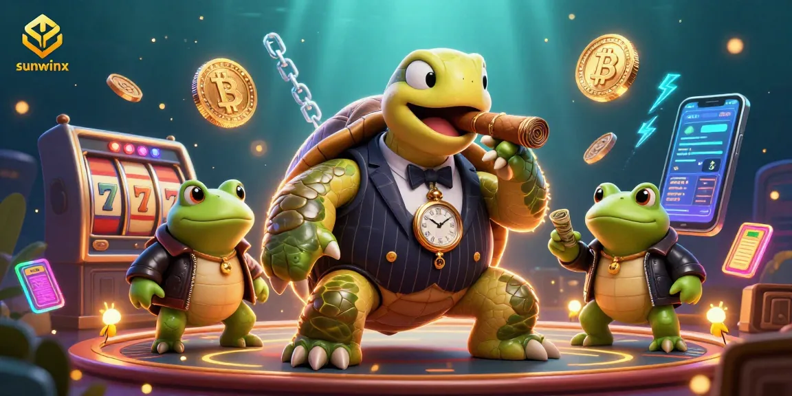 Experience the excitement of sunwinx with a lively casino scene featuring a snapping turtle and bullfrog enforcers.