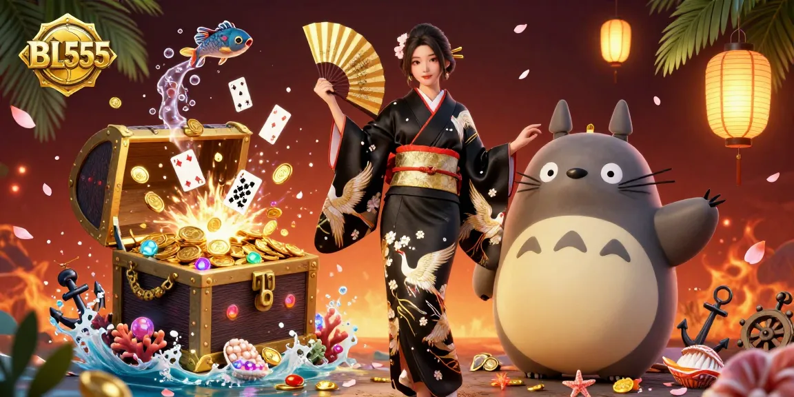 Engage in thrilling gameplay at bl555 where an elegant woman and a tanuki explore a treasure-filled underwater casino.