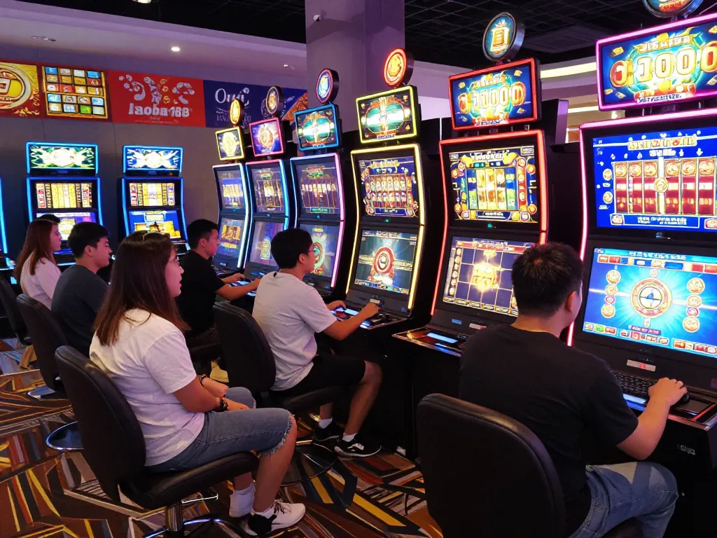 Pemain menikmati permainan slot online laoban188 yang imersif di kasino virtual yang penuh warna