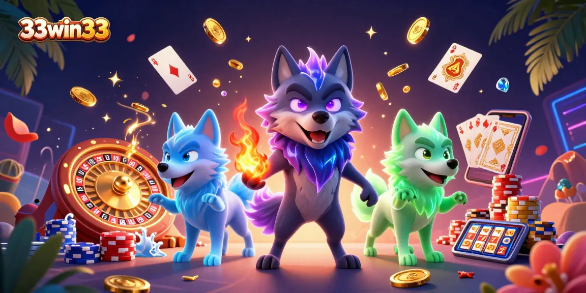 Engage with thrilling gaming at 33win33 featuring vibrant casino elements and illuminated characters.