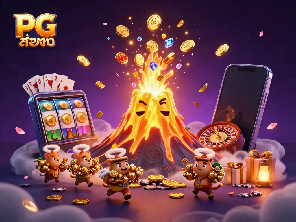 Engage with PG สล็อต as coins and treasures cascade from a golden volcano in a vibrant casino scene.