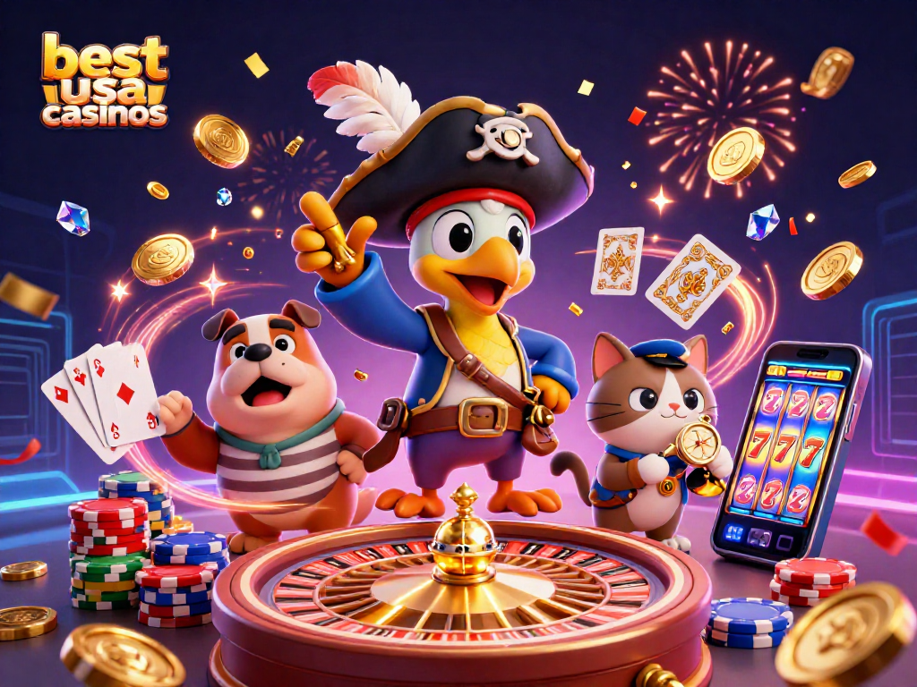 Engaging scene celebrating the best USA casinos with a parrot captain, bulldog, and cat, surrounded by vibrant casino elements.