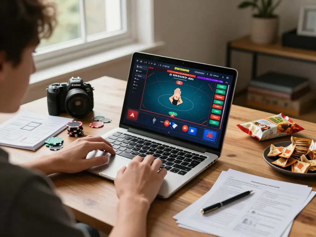Engaging online poker session at home featuring lv88seo strategy notes and vibrant gameplay.
