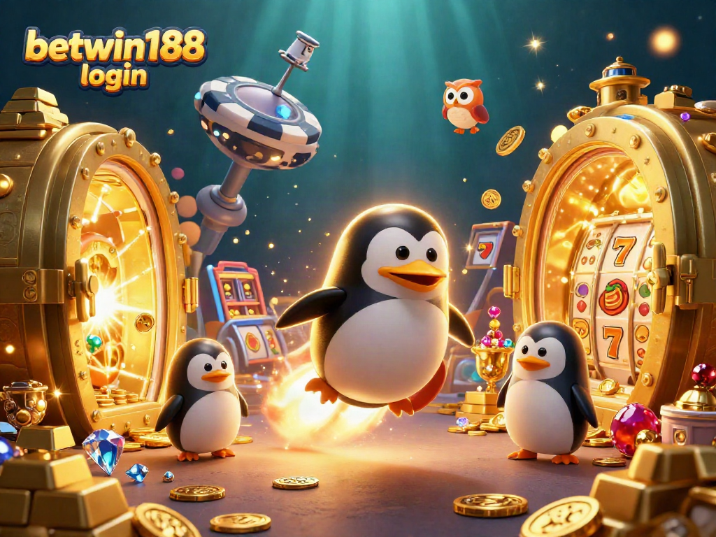 Experience the excitement of betwin188 login with a vibrant 3D casino scene featuring a golden penguin amidst slot elements and treasure.