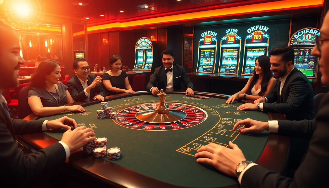 Experience thrilling gameplay at OKFUN with poker chips and roulette wheels in action.