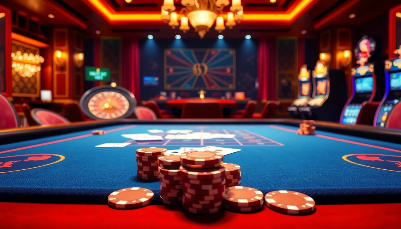 Experience excitement with online gambling at https://s8hn.com/ – luxurious casino scene filled with poker games.