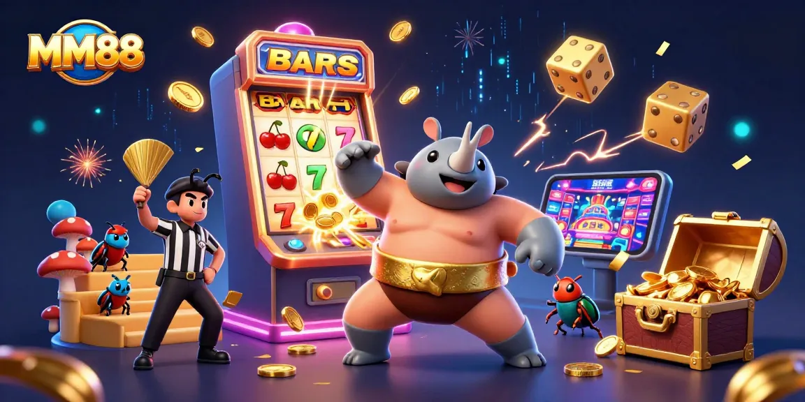 The MM88 illustration showcases a rhinoceros beetle champion surrounded by spectacular casino elements and vibrant colors.