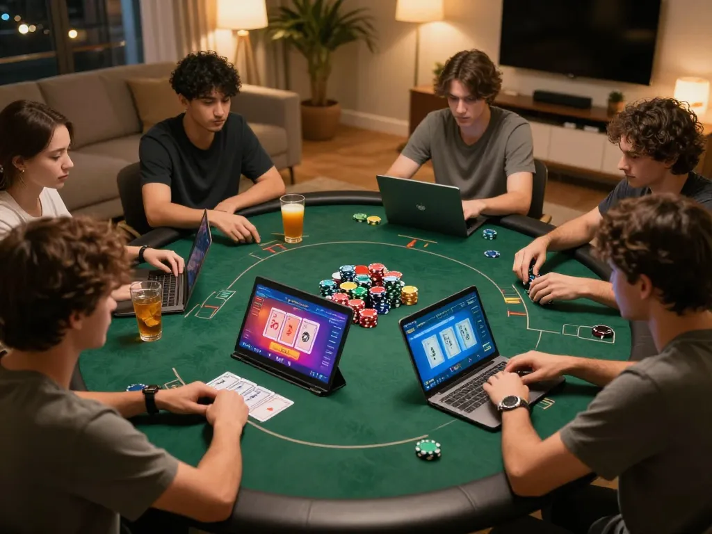 Players engaging in online poker at home on sunwin, showcasing digital gameplay and friendly competition.