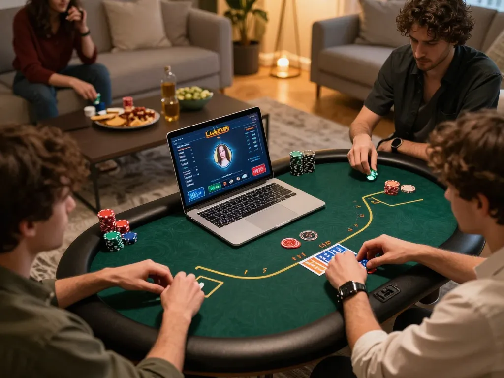Players engaging in strategic online poker at home with Luck8 VIP interface visible, creating a friendly gaming environment