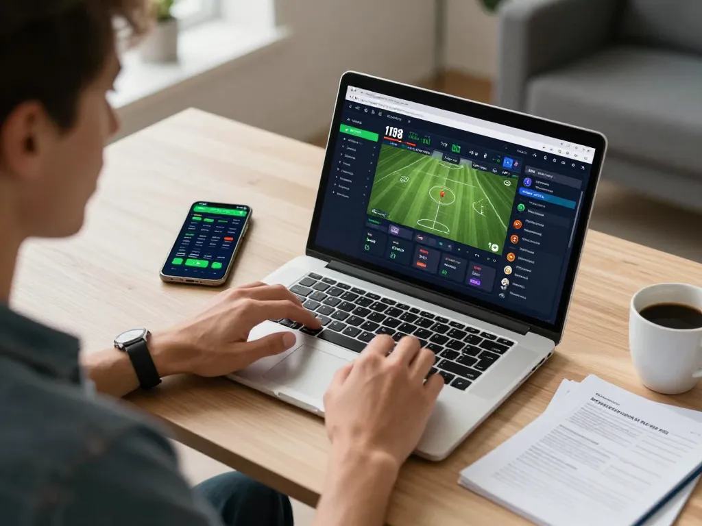 Person engaging in live sports betting on https://rr888.shopping/ with laptop and smartphone, capturing excitement.