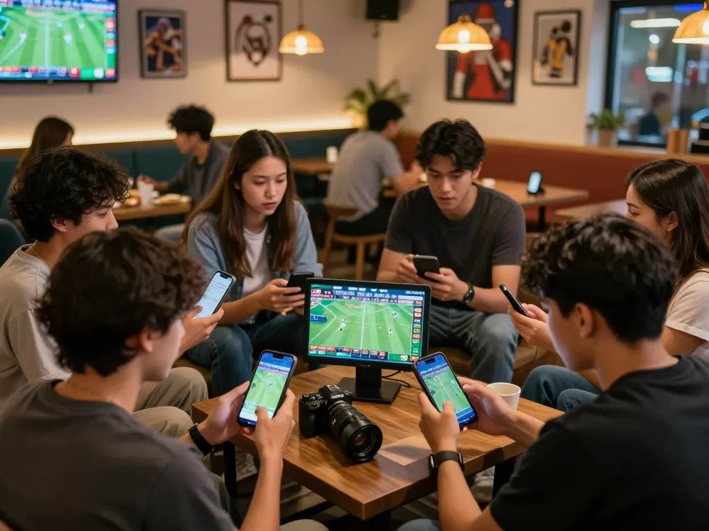 Excited friends strategizing sports bets on their smartphones at an okfun betting lounge.