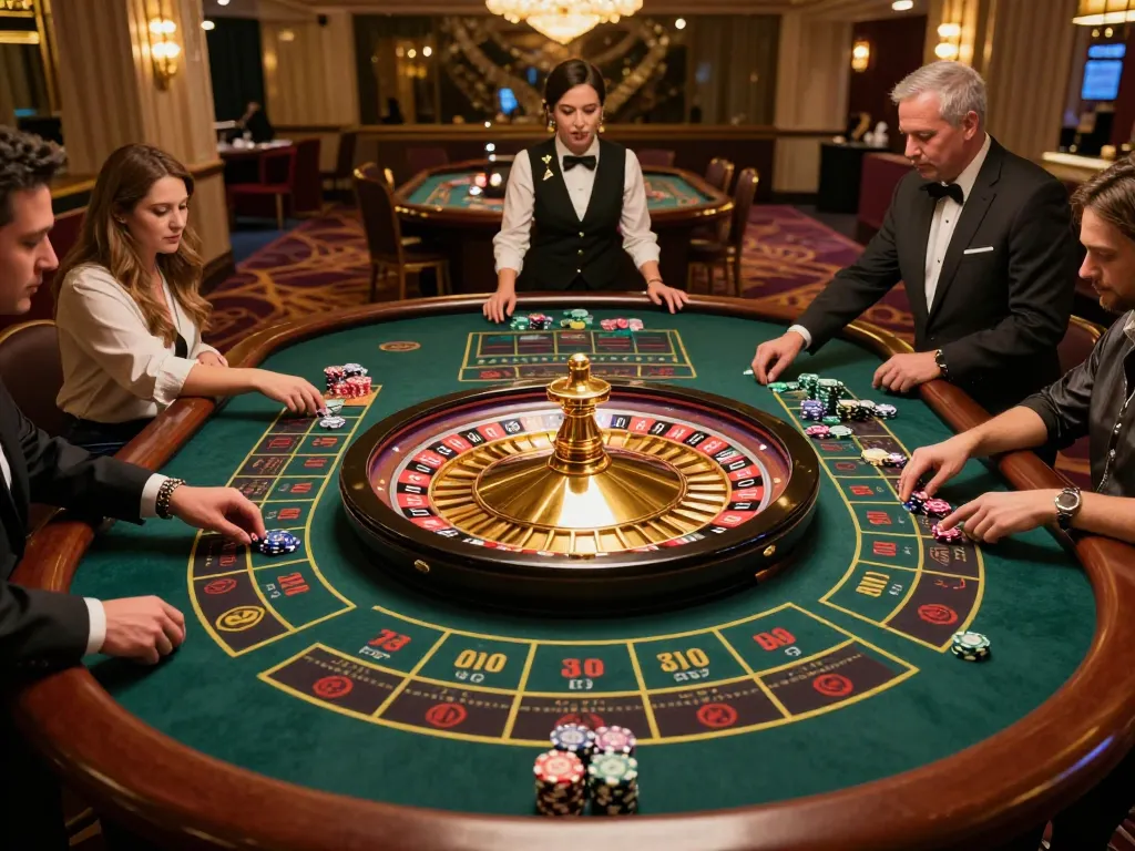 TG88 players placing bets at a famous roulette table in a glamorous casino, capturing high-stakes action and excitement