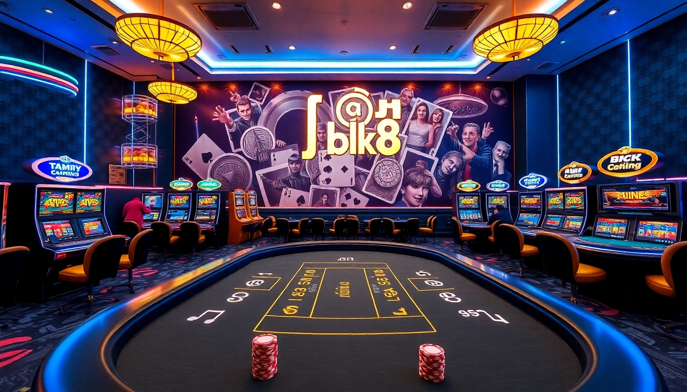 Exciting casino scene showcasing เครดิตฟรี bk8 with players at modern gaming tables and vibrant slot machines.