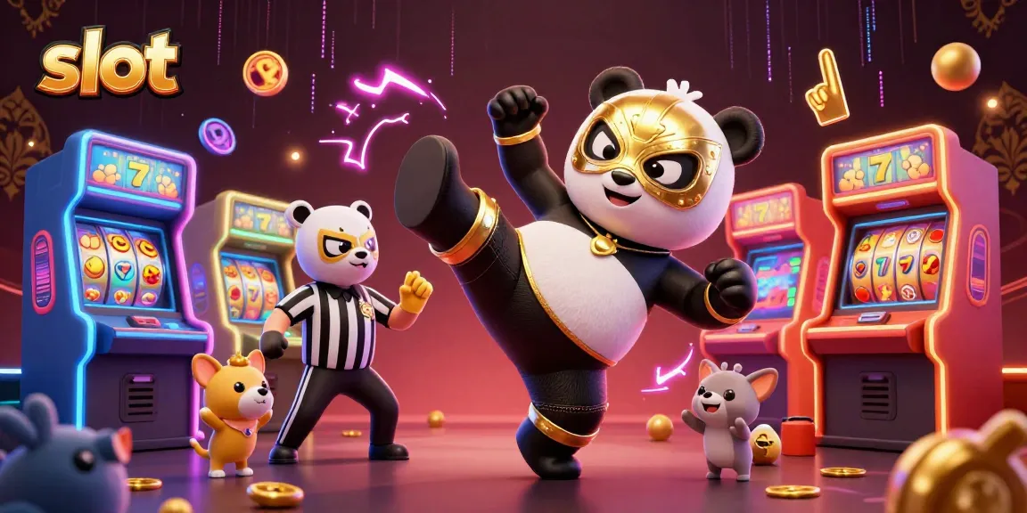 Slot yang menarik dengan panda pegulat terbang dan simbol jackpot dikelilingi mesin arcade.