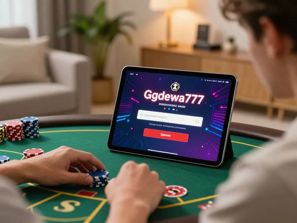 Login ggdewa777 interface displayed on a tablet in a stylish home setting, emphasizing online gambling experience.