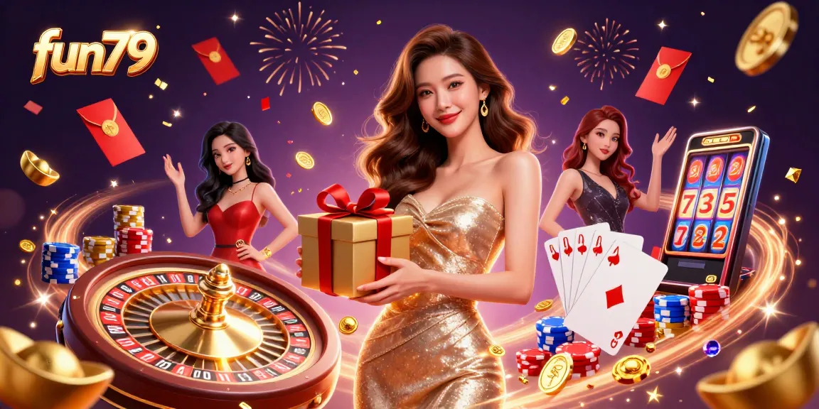 Exciting fun79 casino illustration featuring a woman with coins and festive elements, symbolizing big wins.