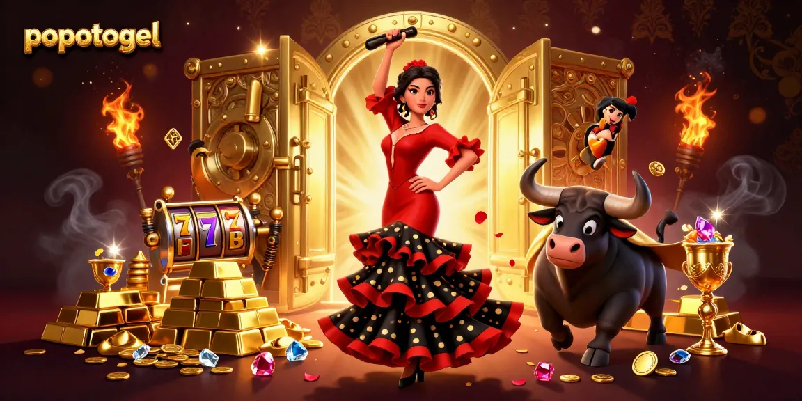Engage in excitement at popotogel with a vibrant 3D illustration of casino treasures and lively characters.