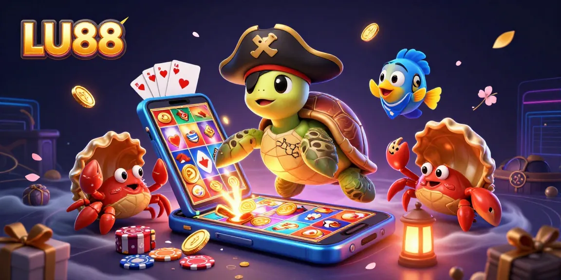 LU88 pirate-themed casino scene with 3D turtle, crab, and fish amidst colorful gaming elements