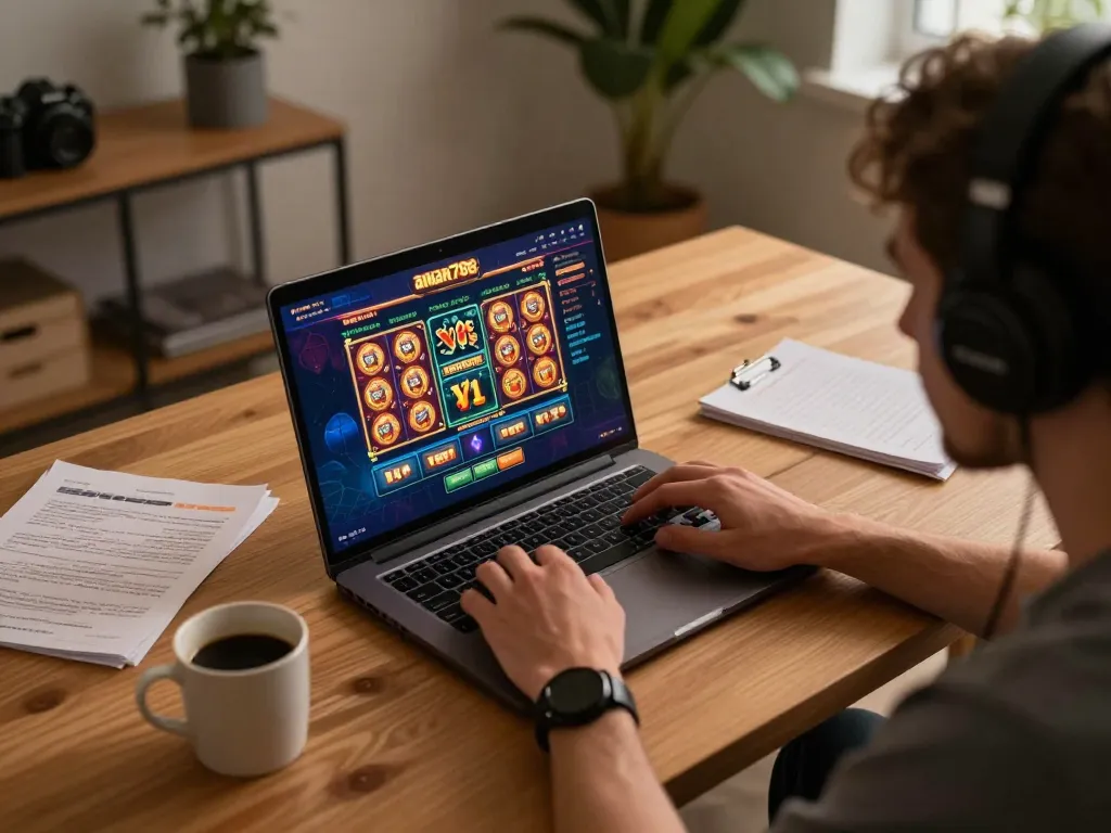 Sesi permainan online yang menarik dengan aman788 ditampilkan di layar laptop, menunjukkan permainan strategis.