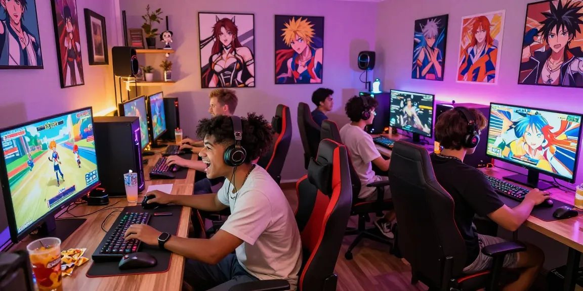 Gamers enjoying an animated session playing gay hentai game with vibrant anime art.