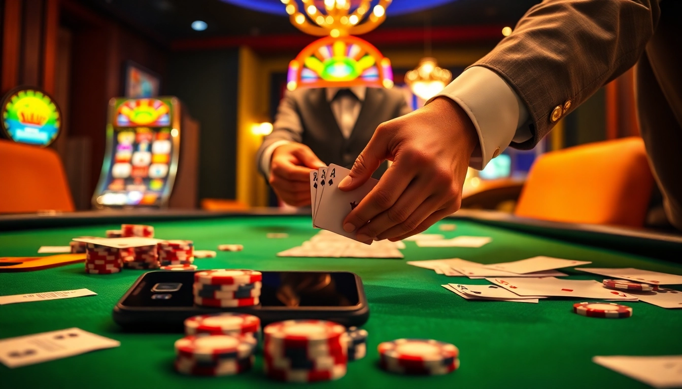 S8 casino table with poker chips and cards, showcasing a vibrant gambling atmosphere.