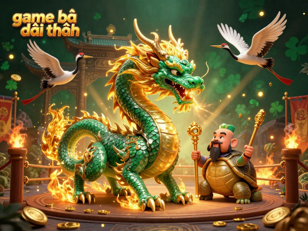 Engage in game bài đổi thưởng with a vibrant 3D illustration of mythical creatures and gambling elements.