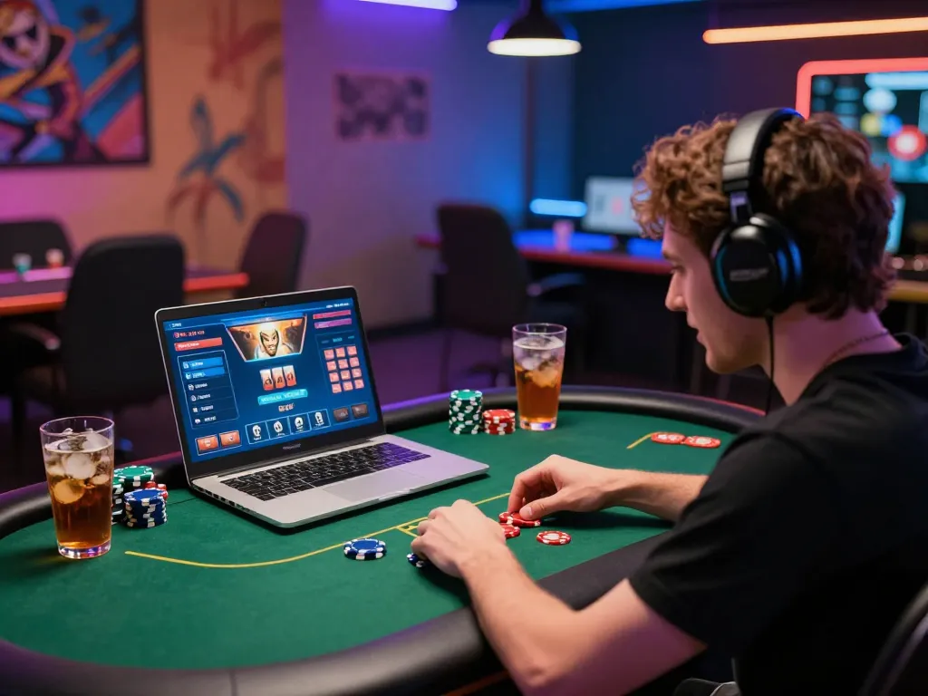 Player strategizing on cm88 online poker interface with vibrant gaming setup