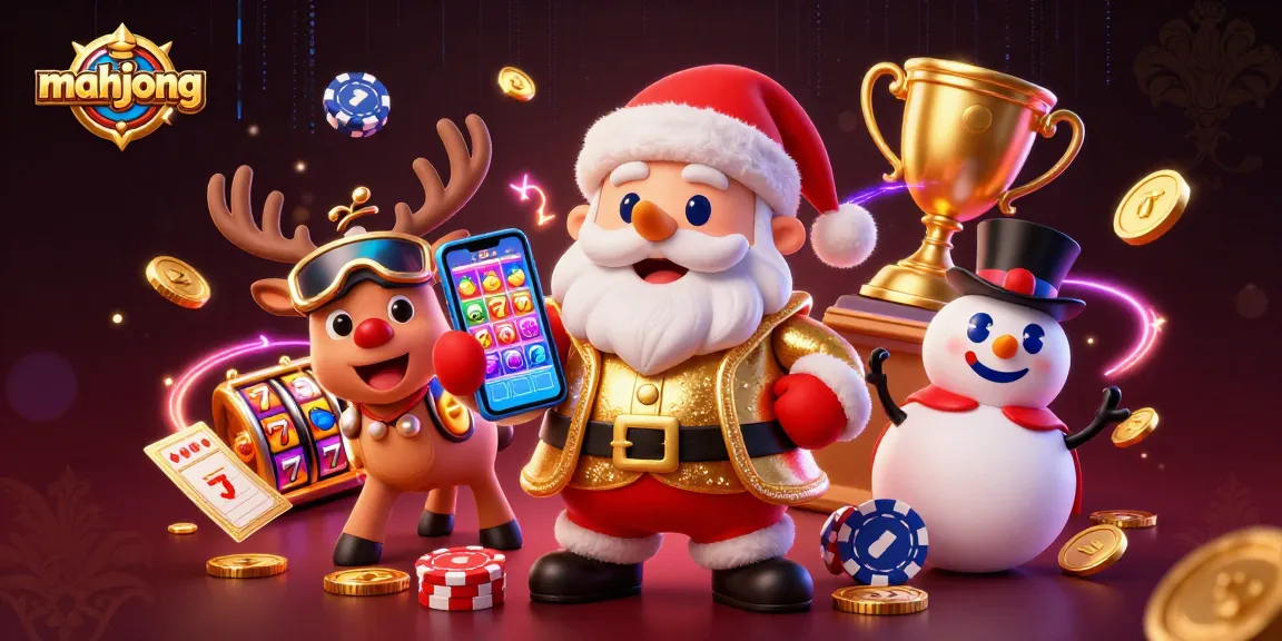 Play mahjong in an engaging casino scene featuring cartoon Santa and friends.