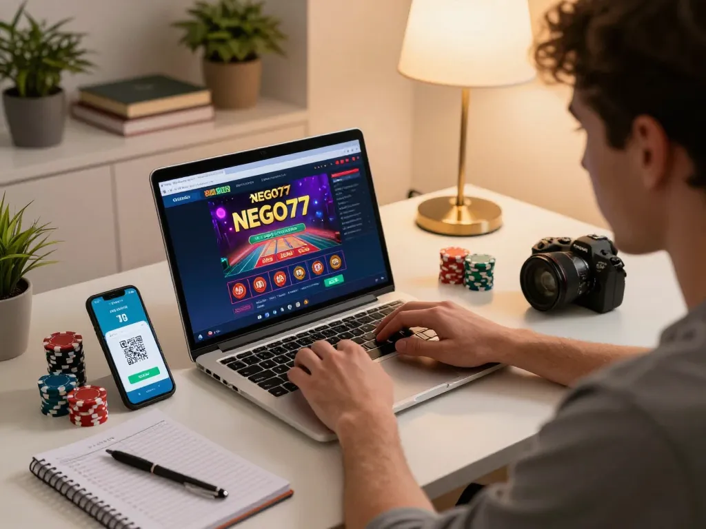 Player engaging with NEGO77 online casino and QRIS payment method at home.