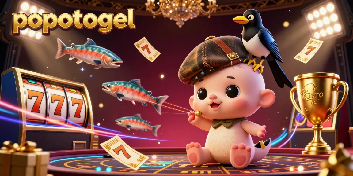 Engage with popotogel in a vibrant casino scene filled with characters and gaming elements, showcasing excitement.