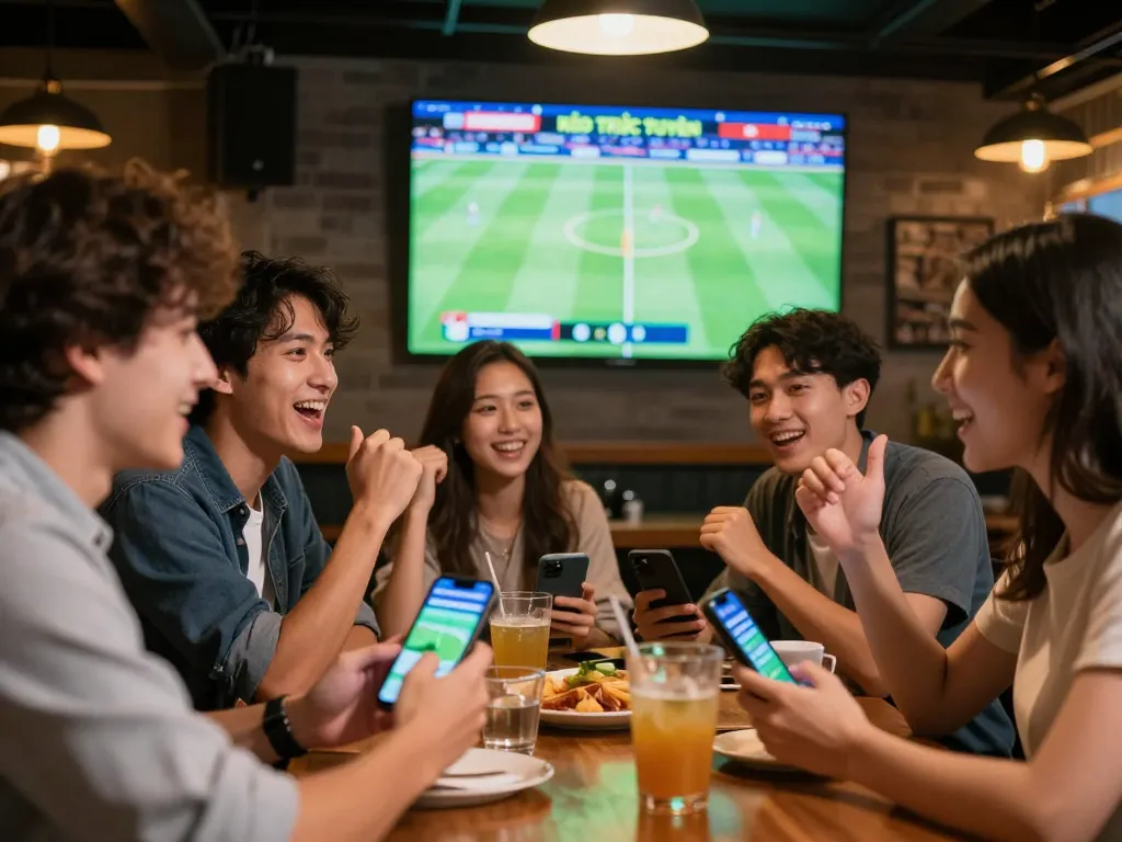 KÈO TRỰC TUYẾN betting excitement with friends at a lively sports bar watching a football match