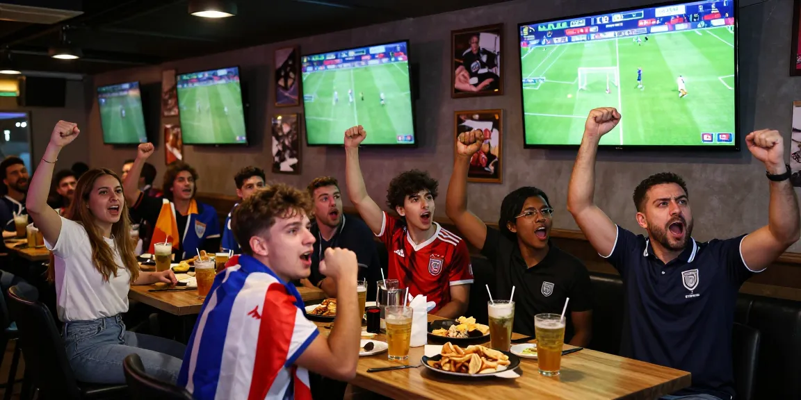 Fans watching live soccer matches in a vibrant sports bar, following متابعة مباريات كأس العالم 2026 with excitement.